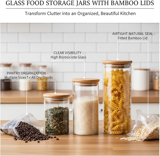 Borosilicate Glass Storage Jars with Bamboo Lids, Clear Kitchen Canisters for Pantry Organization of Dry Goods, Coffee, Tea, and Grains