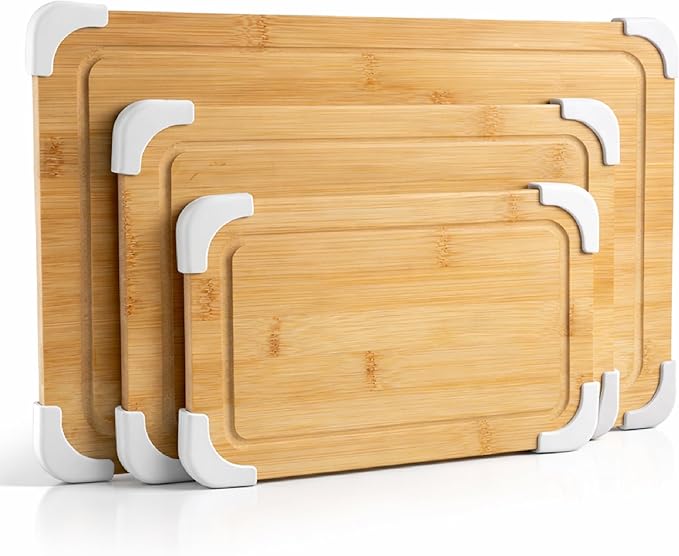 COOK WITH COLOR Non-Slip Cutting Board Set – Kitchen Essentials with Easy Grip Handle for Meat, Veggies, and Fruits, 3 Cutting Boards, Bamboo Non-Slip White