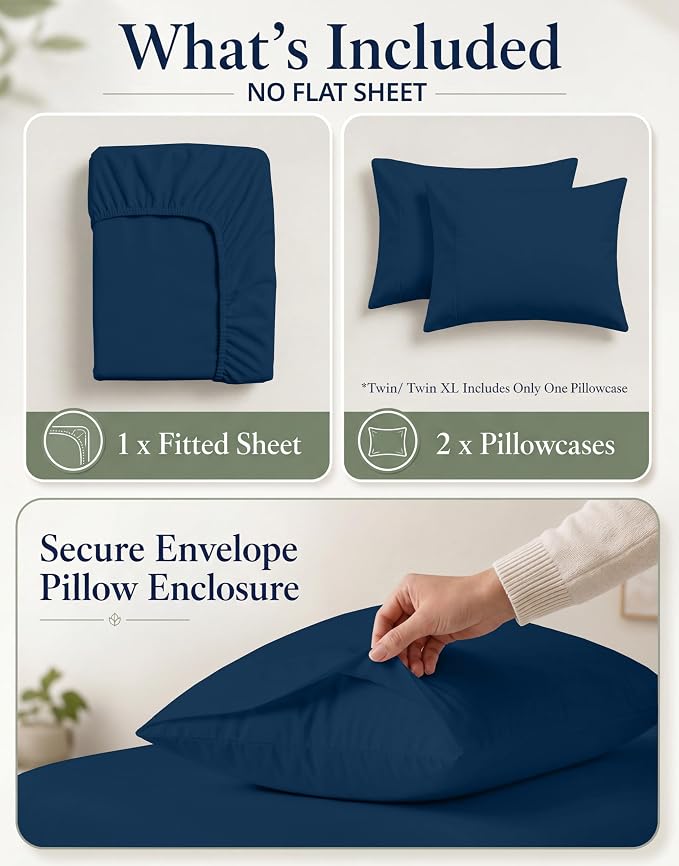 LANE LINEN Fitted Sheet, 100% Organic Cotton Fitted Bed Sheets, Soft & Comfy Naturally Cooling Eco Friendly All Weather Fitted Sheets Queen Fits Mattress Upto 15" Deep- Navy (Cases Included)
