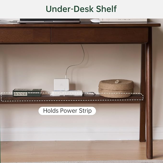 YESWOOD 100% Solid Rubber Wood Desk, Mid Century Modern Writing Computer Desk in Walnut Finish with Drawer for Home Office, Sturdy Room, Bedroom 39.37" W