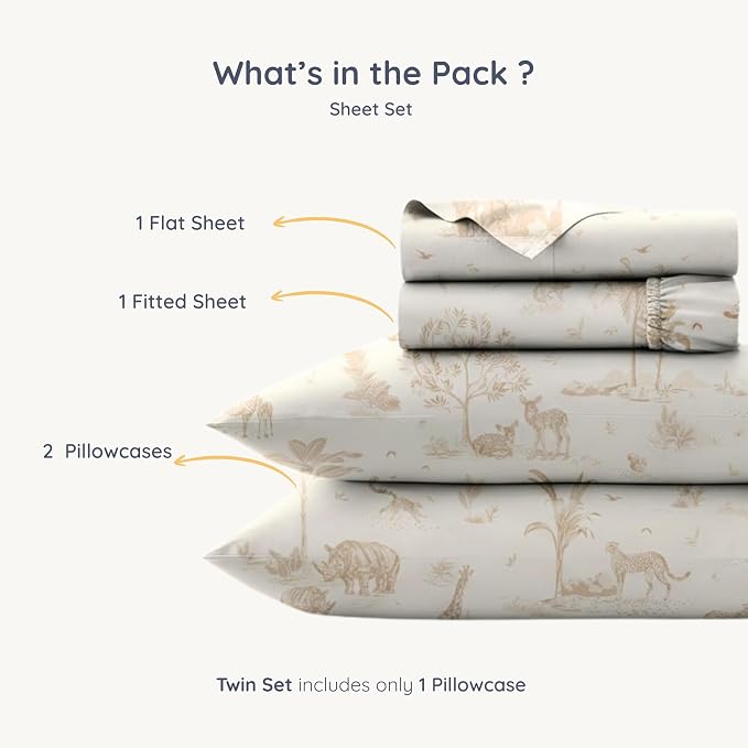 MakeMake Organics Organic Sheet Set Queen (4 Piece) GOTS Certified Organic Cotton Sheets 300 TC Sateen Soft Fitted Sheet Flat Sheet Pillow Cases Toddler Kids (Queen, Safari)
