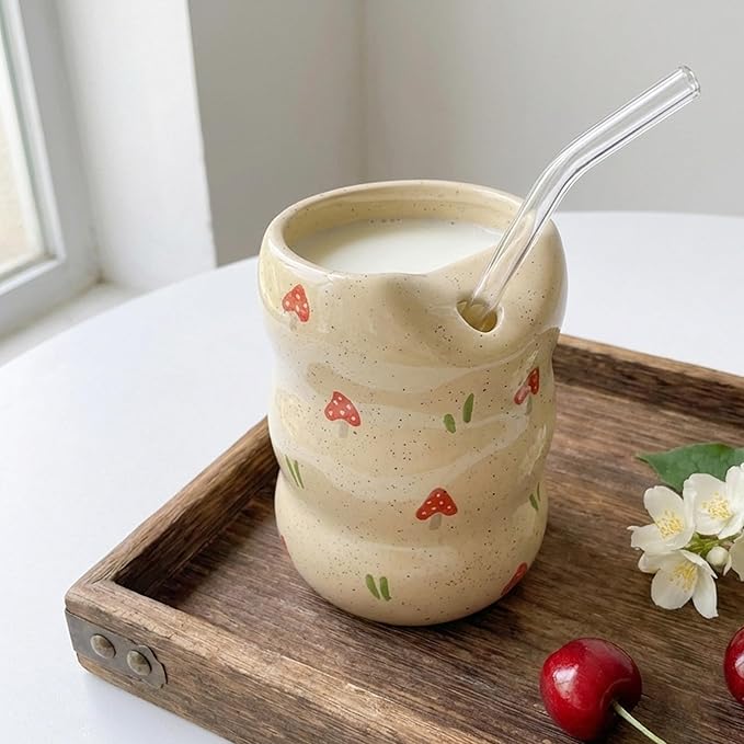Ceramic Coffee Mug with Sip Hole, 13.5 oz Handmade Pottery Mug, No-Handle Modern Ceramic Cup for Daily Coffee & Tea, Office Use, Mushroom Design (1 Pack)