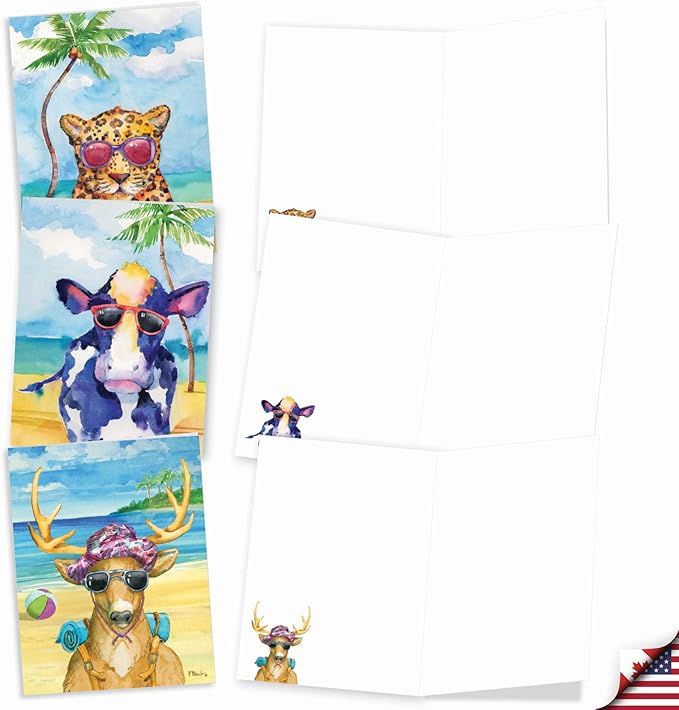 The Best Card Company Assorted Funny Wildlife Watercolor Blank Greeting Card Box Set - Incl. 10 Unique Notecards Designs + Envelopes for Thank You, Invitations - Animal's Day Off AM6670OCB-B1x10