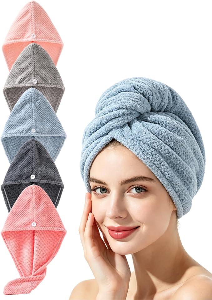 Lumimi Microfiber Hair Towel Wrap 4 Pack for Women with Button Hair Drying Wrap for Straight Curly Hair(5 Colors B)