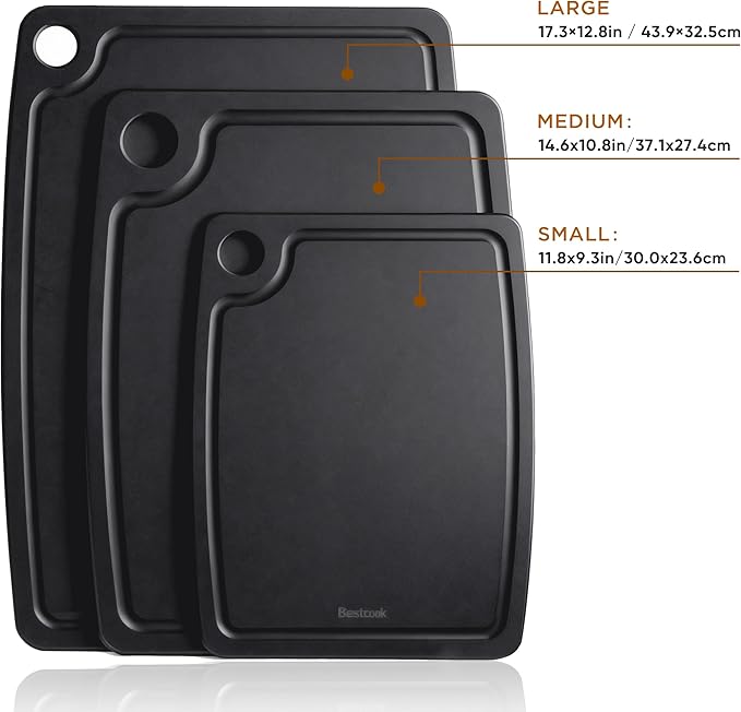 Cutting Board for Kitchen, 17.3x12.8Inch Wood Fiber Composite Cutting Board with Juice Groove and Non-slip Feet, Dishwasher Safe, Knife-Friendly Chopping Board for Meat, Bread, Fruit, Black