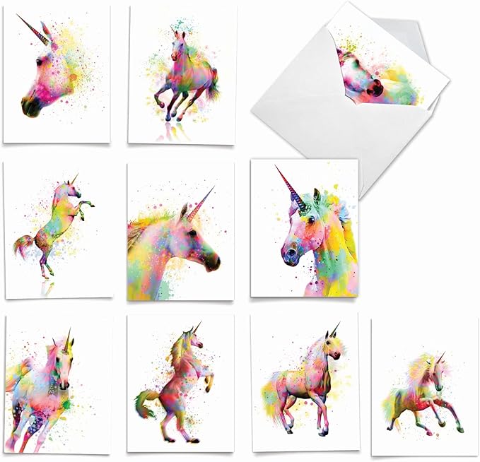 The Best Card Company Assorted Watercolor Animal Blank Greeting Card Box Set - Incl. 10 Unique Notecards Designs + Envelopes, Thank You, Invitations, More - Funky Rainbow Unicorns AM6748OCB-B1x10