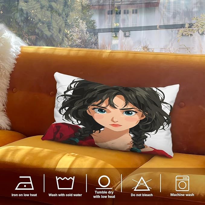 Shrahala Animated Youthful Decorative Throw Pillow Cover, Braided Hair Vivid Eyes Lumbar Pillowcase Blended Double-Sided No Inserts for Bedroom Living Room Set of 2 (12 x 20 in)