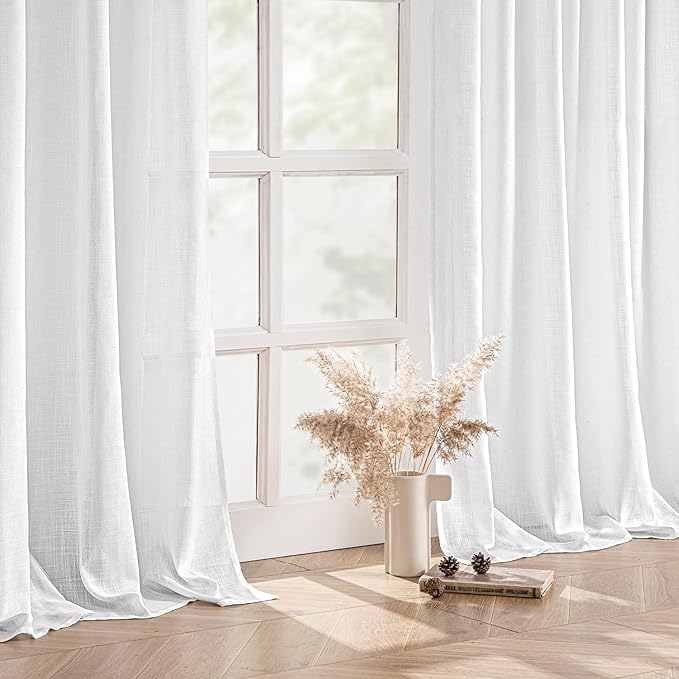 MIULEE White Linen Curtains 78 Inch Long 2 Panels for Bedroom Living Room, Soft Thick Linen Textured Back Tab Window Drapes Semi Sheer Light Filtering Rod Pocket Modern Farmhouse Decor