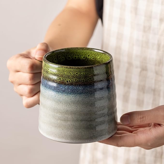15.5 Oz Large Reactive Glaze Ceramic Mug, Heavy Weighted Stoneware Coffee Cup, Wide Base, Thick Wall Big Tea Cup with Custom Package Box, Microwave & Dishwasher Safe (Light Green)
