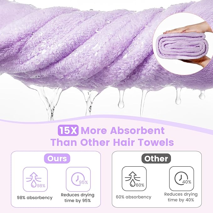 2 Pack Microfiber Hair Towel Wrap for Women, Large Fast Drying Hair Towel Turban, Ultra Thick Anti-Frizz, Double Stitched Edges & Stay in Place No Slip Design for Curly Long Wet Hair(Purple /Lavender)