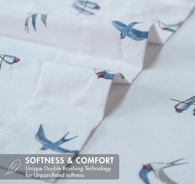 RUVANTI Flannel Sheets King Size - GOTS Certified 100% Organic Cotton, 4 Piece Warm, Soft & Breathable Set, Deep Pocket Snug Fit, Double Brushed Cozy All Season Bedding, Whispering Wings