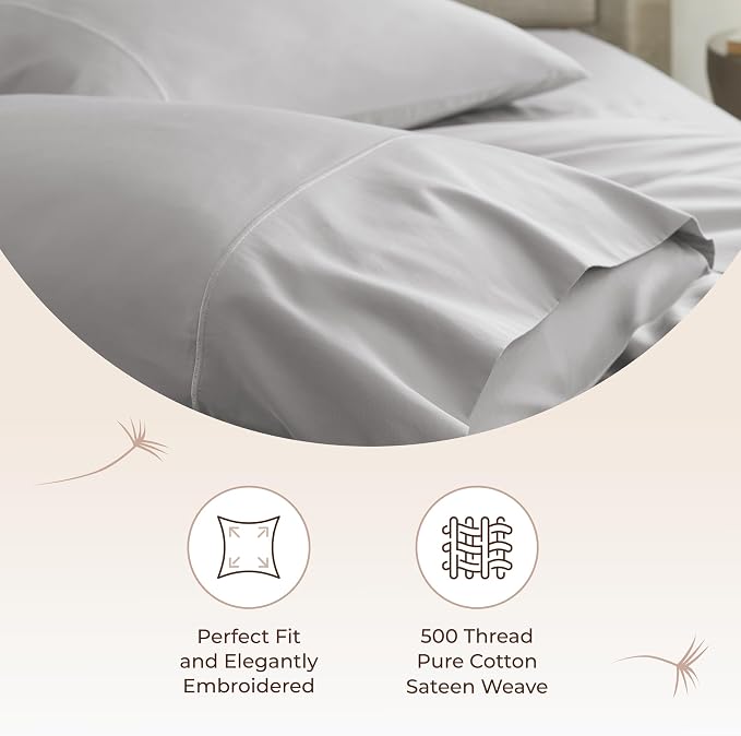 100% Organic Cotton Pillow Cases Standard Size Set of 2-100% Cotton Pillowcases GOTS Certified 500 Thread Count - Naturally Cooling Comfortable Breathable & Soft Pillow Cases (Grey, Standard)
