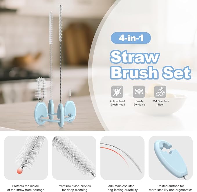 YOTIME 4in1 Straw Cleaner Brush Set, Reusable Standing Straw Brushs with Holder Ring, for Wide and Narrow Straws, Tumblers, Water Bottles and Cups, Blue