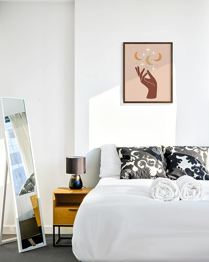 Mystical Hand Wall Art Celestial Moon and Stars Print Earth Tones Terracotta Mid Century Modern 16x20 Inch Oak Wood Walnut Framed Spiritual Decor for Bedroom