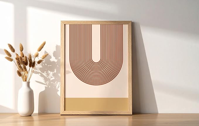 Continuous Line Face Wall Art Abstract Portrait Organic Shapes Earth Tones Terracotta Mid Century Modern 8x10 Inch Oak Wood Beige Framed Minimalist Line Drawing for Vanity
