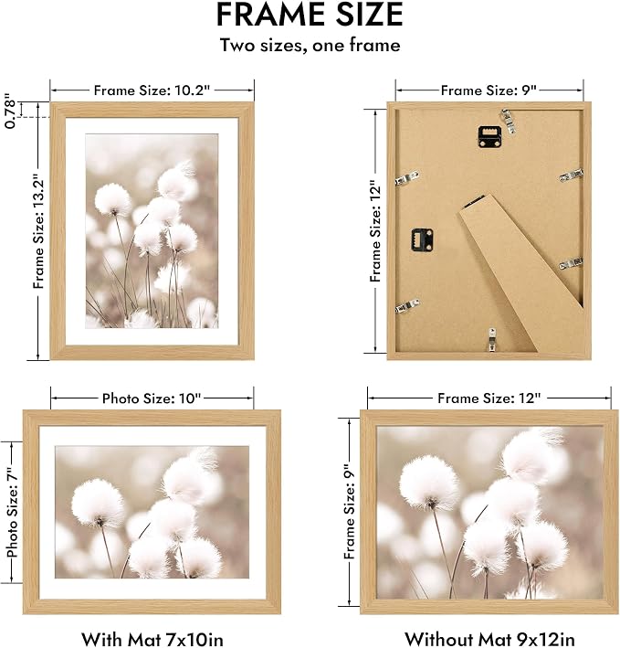 Hongkee 9x12 Oak Wood Picture Frame 1 Pack(Matted 7x10), Real Glass Cover | Natural, 9 x 12 Solid Wood Frame for Wall or Tabletop Display - Includes Easel Back, Vertical Hang - Ideal for Home, Office