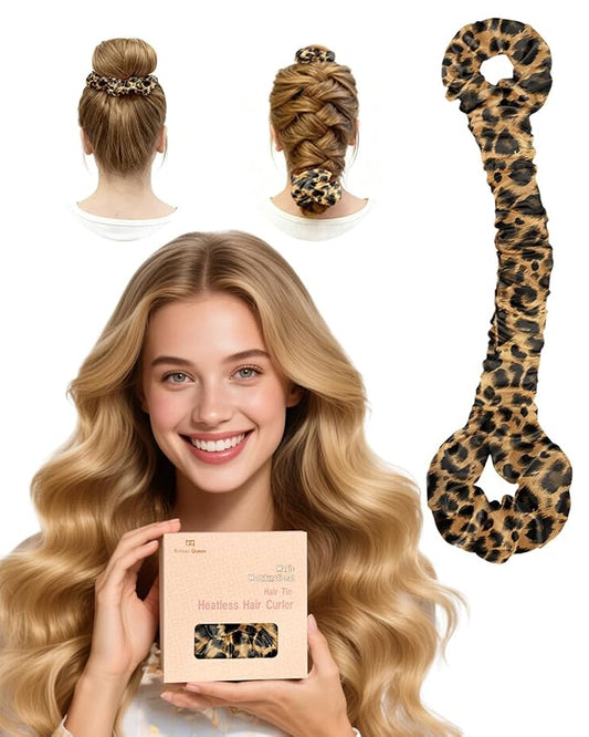 BONNET QUEEN Multi-function Satin Heatless Hair Curler & Hair Tie Non-Heating Hair Roller Curling Rod with Scrunchie, Large, Leopard(For Big Curls)