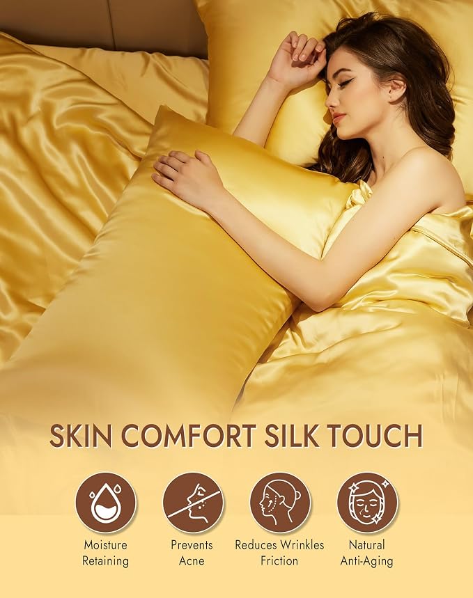 SilkSilky 100% Mulberry Silk Pillowcase - Pure 22 Momme High-Grade 6A Fibers for Hair & Skin, Envelope Closure, Natural, Organic, Breathable & Cooling Pillow Case (Queen, Champagne)