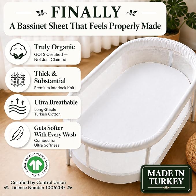 GOTS Organic Bassinet Sheets Compatible with Halo BassiNest Swivel Sleeper, 4moms mamaRoo Sleep Bassinet, Pure Ultra Soft Turkish Organic Cotton