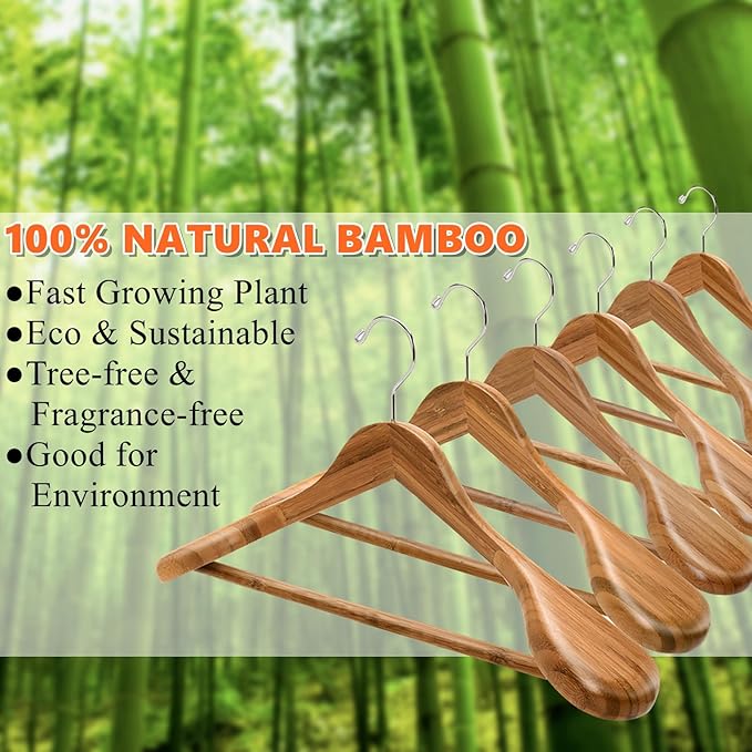 Amber Home 6 Pack Wide Shoulder Bamboo Wood Suit Coat Hangers, Wooden Clothes Hangers with Pants Bar, Heavy Duty Jacket Hangers for Dress, Pants, Heavy Clothes