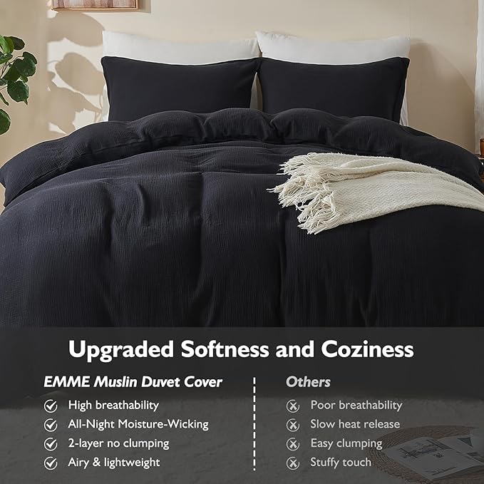 EMME Muslin Cotton Duvet Cover Set Twin Size Black Linen Like Soft Breathable Lightweight Summer Comforter Cover Set with Zipper Closure (Black, Twin, 68"x90")