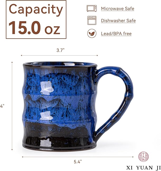 Midnight Blue Ceramic Coffee Mug 15oz - Handcrafted Artisan Mug with Large Handle for Comfort, Unique Birthday Gift for Him/Her, Office Desk Essential, Safe for Dishwasher