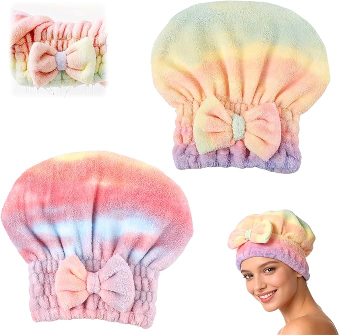 2-Pack Super Absorbent Hair Towel Wrap for Women, Quick-Drying Microfiber Hair Towel with Soft Bow, for Long, Short, Wet & Curly Hair