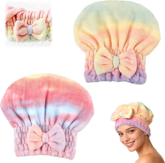 2-Pack Super Absorbent Hair Towel Wrap for Women, Quick-Drying Microfiber Hair Towel with Soft Bow, for Long, Short, Wet & Curly Hair