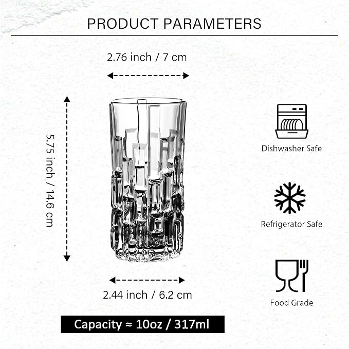 Highball Glasses Set of 6, Water Glasses, Collins Tall Beverage Cups Glassware for Drinks, Water, Beer, Soda, Cocktail 10 OZ