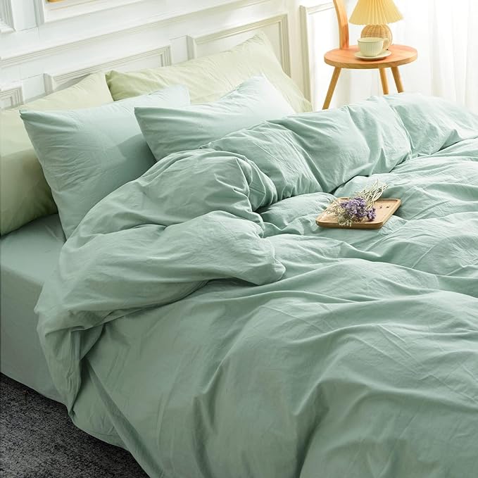 NEXHOME PRO Green Duvet Cover Set Oversized Queen 98"x98" Linen Feel Textured Organic Natural 100% Washed Cotton Duvet Cover 3 Pieces Bedding Set Zipper Closure, Breathable, Soft (No Comforter)