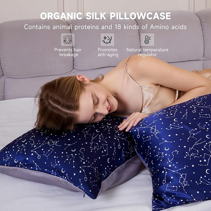 THXSILK Mulberry Silk Pillowcase for Hair and Skin, 6A+ Grade Mulberry Silk Pillow Case Queen Size 20"x30", Real Silk Pillowcase with Zipper, Anti Aging Acne Free(Navy Blue Constellation Pattern)