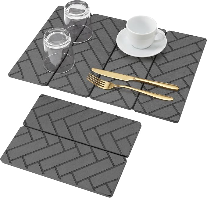 Large Stone Dish Drying Mat for Kitchen Counter,24"×16",Foldable Super Absorbent and Quick Dry Diatomaceous Earth Stone Drying Mat,for Bottles Cups Dishes,Non-slip,Match Any Countertop