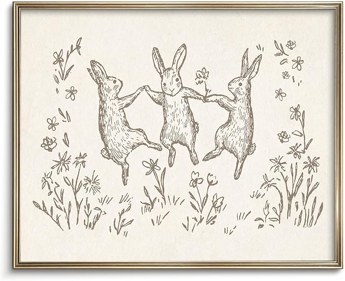 Vodefoad Bunnies Sketch Vintage Wall Art Retro Nursery Dancing Bunnies Art Print Neutral Cottagecore Nursery Decor Farmhouse Rustic Rabbit Wall Decor for Gallery Nursery Bedroom Bathroom Office - 8x10Inch Unframe