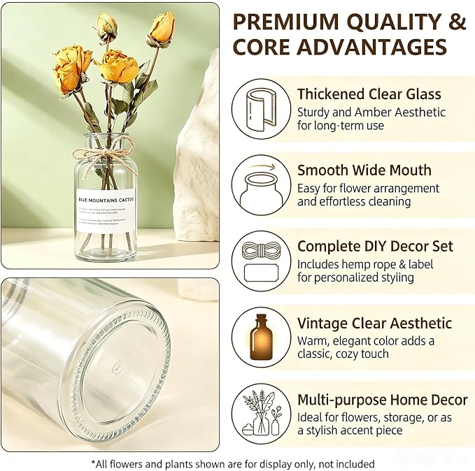 500ML Vintage Glass Vase Minimalist Clear Rustic Cylinder Bottles with Hemp Rope & Stickers for Wedding Centerpieces, Floral Arrangements, Farmhouse Home Decor, Table & Bookshelf Display