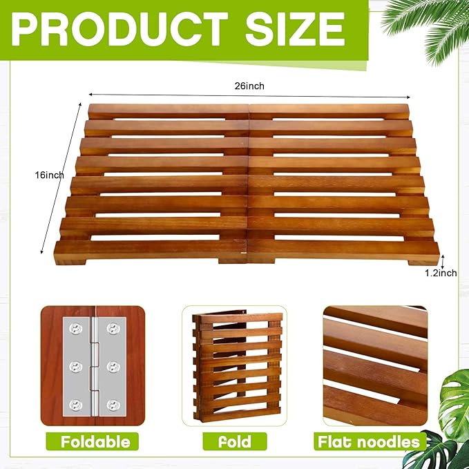 Geelin Wood Bath Mat 26'' x 16'' Foldable Shower Mat Bathroom Non Slip Waterproof Wooden Shower Rug Bathroom Carpet for Spa Home Bathtub Floor Indoor Outdoor Doorway Patio Sauna Yard Pool, Natural
