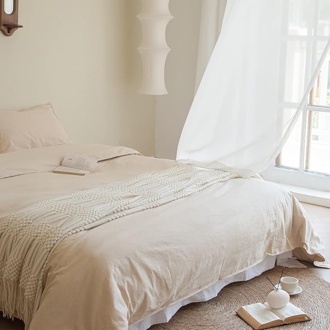 BISELINA French Linen Duvet Cover Set 3pcs with Hidden Zipper Closure Natural Flax Cotton Blend Solid Color Soft Breathable Luxury Farmhouse Bedding -Queen Size, Linen/Beige