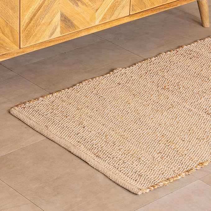 HOMEMONDE Hand Woven Jute Cotton Runner Rug - 2' x 6' ft Natural Fiber Braided Rustic - Vintage Boho Décor Farmhouse Area Rug for Hallway, Bedroom, Kitchen, Office