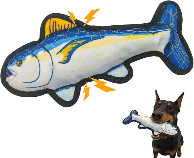 12.8" Recycled Canvas Tuna Squeaky Dog Toy, Durable Stuffed Fish Chew Toy for Puppy Teething, Interactive Play for Small Medium Large Dogs, Blue