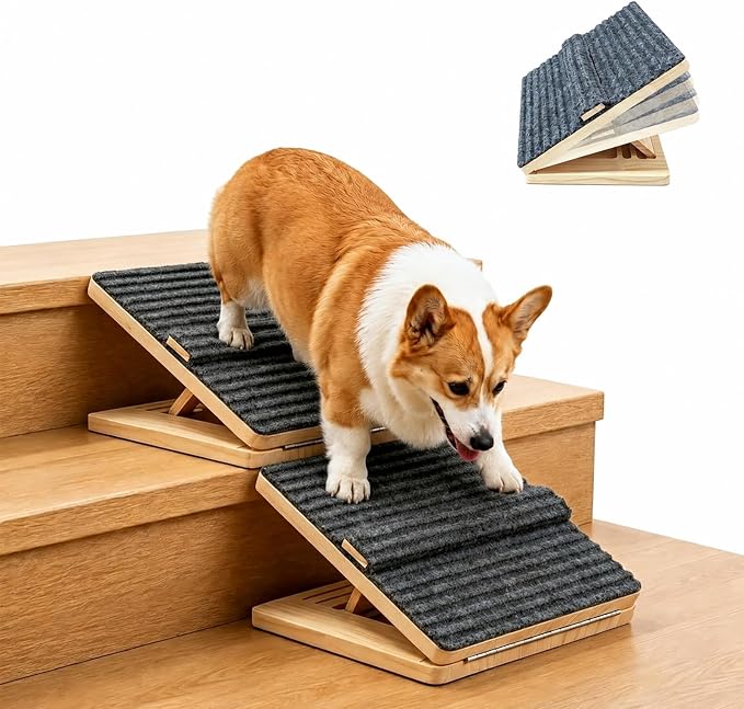 2 Pack Dog Ramp for Stairs – Solid Wood Adjustable & Foldable, 4 Heights, Non-Slip Silicone Base, Traction Felt, Raised Pause Strip, 35lb for Small & Senior Dogs