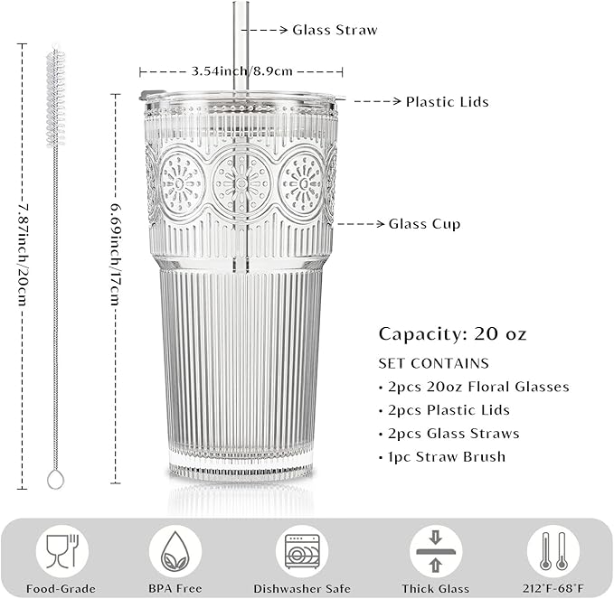 INSETLAN 20oz Ribbed & Floral Glass Tumblers with Lids and Straws, Set of 2 – Clear Iced Coffee Cups, Reusable Drinking Glasses for Water, Smoothies, Tea, and Juice – Perfect for Travel & Daily Use