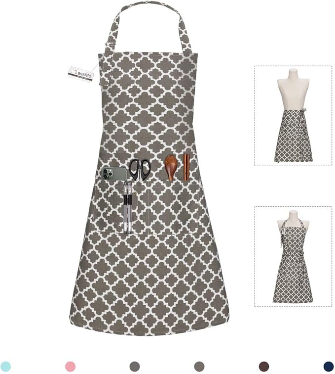 LessMo Kitchen Cooking Aprons with 3 Pockets for Men Women - Cotton Adjustable Professional Grade Chef Apron for Kitchen, BBQ & Grill (Light Gray)