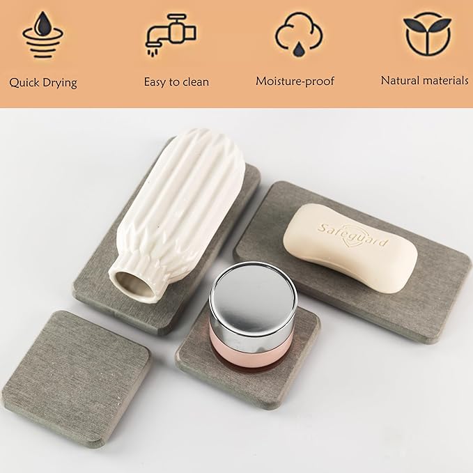 NiuYichee Set of 4 Water Absorbent Diatomite Coasters, Diatomaceous Earth Kitchen Soap Dish, Bathroom Trays, Water Absorbing Stone Used for Hand Soaps & Plants & Toiletries in The Modern Home