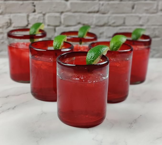 Dos Sueños Hand Blown Mexican Drinking Glasses - Set of 6 Tumbler Glasses with Red Rims (10 oz each)