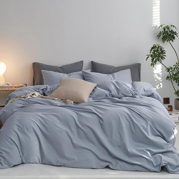 MooMee Full Duvet Cover Set, 100% Washed Cotton Linen Like Twill Thick Sturdy Material Super Soft Breathable Durable Bedding for All Season, 3 Pieces (Cornflower Blue, Full 80"x90")
