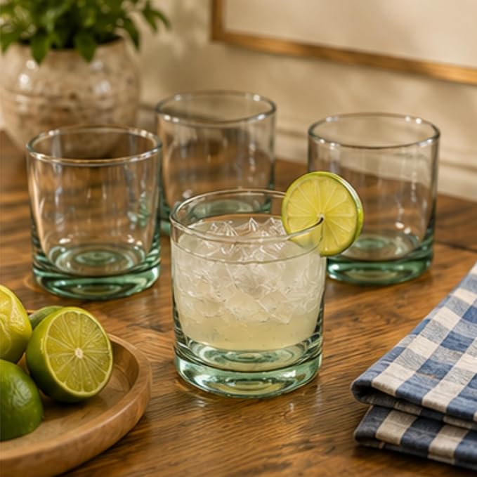 Aztecas Design Handblown Recycled Glass Drinking Glasses, Clear, Set of 4, Classic Style (10oz)