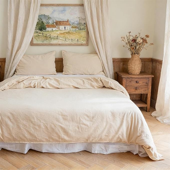 BISELINA French Linen Duvet Cover Set 3pcs with Hidden Zipper Closure Natural Flax Cotton Blend Solid Color Soft Breathable Luxury Farmhouse Bedding -King Size, Linen/Beige