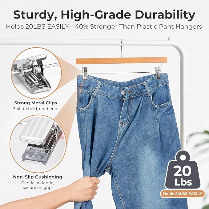 HOUSE DAY Wooden Pants Hangers with Clips, Solid Lotus Deluxe Wood Skirt Hangers, Heavy Duty & Anti-Rust Hook for Wrinkle-Free Slacks, Skirts, Jeans, Space Saving for Closet 20 Pack (Natural)