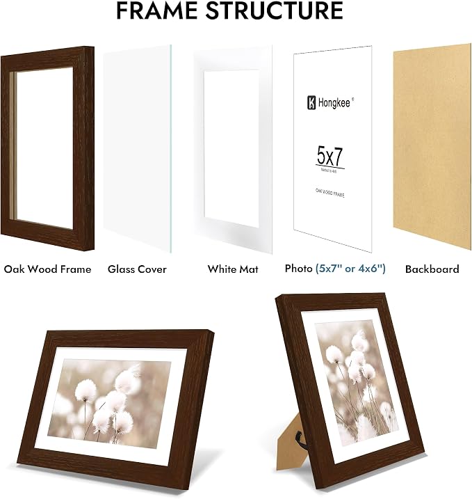 Hongkee 5x7 Oak Wood Picture Frame, Display Photos 4 x 6 with Mat or 5 x 7 without Mat - Tempered Glass Cover, Horizontal and Vertical Display for Wall or Tabletop (Walnut, Set of 1)