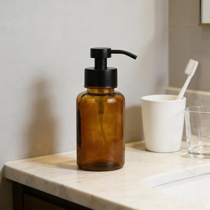 15 oz Amber-Tinted Thick Glass Foaming Soap Dispenser, Refillable Foaming Soap Dispenser with Black Rust-Proof Foam Pump, Suitable for Bathrooms and Kitchens (2, Amber)