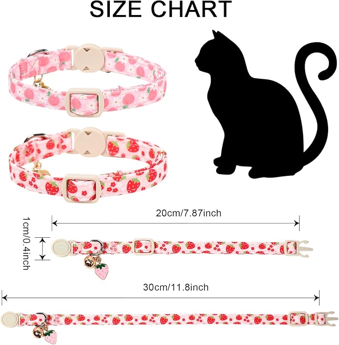 2 Pack Pink Strawberry Cat Collars Breakaway with Bell, DOGWONG Safety Buckle Peach Cat Collar for Girl Boy Cats and Small Dogs，Adjustable 7-12 Inch,Pet Supplies Accessories